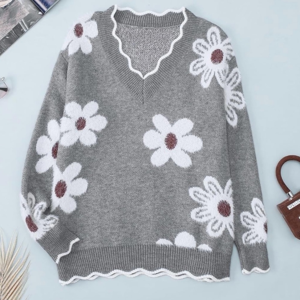 Gray V-Neck Sweater with Floral Pattern and Soft Texture